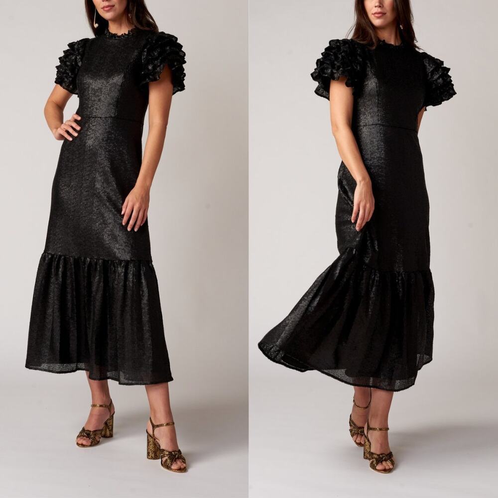SEA NY Maxi Dress Gown Sequin Black Tiered Rachelle‎ Ruffle Short Puff Sleeve 2